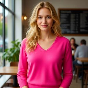 J. Crew Vibrant Pink V-Neck 100% Merino Wool Sweater 3/4 Sleeve Size S #1746 NWT